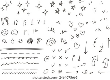 Hand-drawn emotional manga symbols and arrow underline illustration icon set