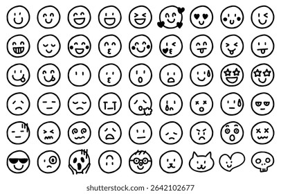 Hand-drawn emotive face icon set (monochrome)