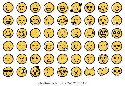 Hand-drawn emotive face icon set (yellow)