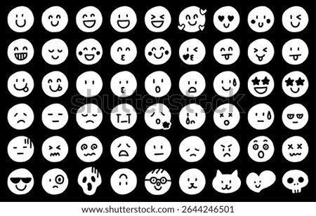 Hand-drawn emotive face icon set (monochrome)