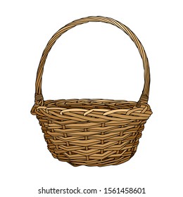 Hand-drawn empty wicker picnic basket. Colored Basket with a handle made of twigs. The object is isolated on a white background.