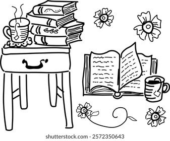 Hand-drawn end table vector doodle. Stack of books, hot tea, and flowers on a white background. For those who love to read and relax.