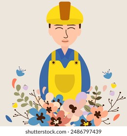 Hand-drawn engineer with flower illustration