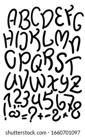 Handdrawn English Alphabet With Capital Letters, Numbers, Punctuation Signs. Vector Script on white background. Handwritten English letters and figures. Informal sans serif type. Black marker script