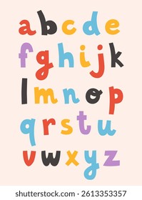 Hand-drawn english alphabet. Children nursery poster template. Cartoon color letters isolated on beige background. Lettering elements for education or greeting card design