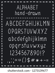 Hand-drawn English letters. Vector Latin alphabet, punctuation, numbers. White objects on a black background.