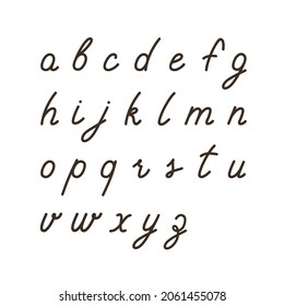 Hand-drawn English small cursive alphabet. Handwritten font. Letters, uppercase. Vector illustration isolated on white. Suitable for web and print design.