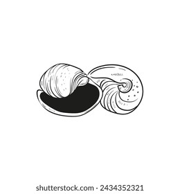 Hand-drawn, engraved line illustrations of realistic mollusk shells in various forms. Perfect for marine-themed designs. Black and white sketches on a navy peony background, including starfish.