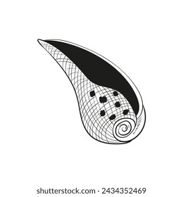 Hand-drawn, engraved line illustrations of realistic mollusk shells in various forms. Perfect for marine-themed designs. Black and white sketches on a navy peony background, including starfish.