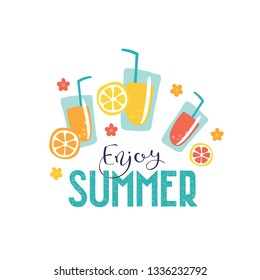 Handdrawn "Enjoy summer" vector banner template with cartoon style fruits and cocktails. Cute doodle illustration of summer vacation and beach season.