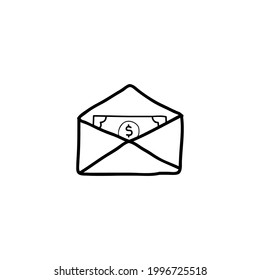 Handdrawn envelope doodle icon with a dollar bill inside. Hand drawn black sketch. Sign symbol. Decoration element. White background. Isolated. Flat design. Vector illustration.