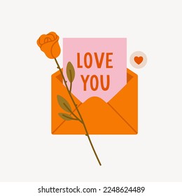 Hand-drawn envelope with a love letter and rose. Concept of valentine's day, romance, love, love letter. 