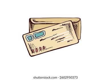 Hand-drawn envelope and postcard with soft pastel colors in vintage engraved style