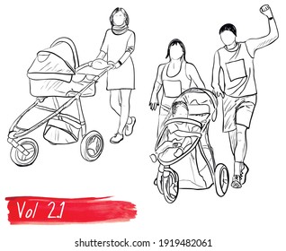 Hand-drawn EPS8 vector illustration. People sketch series. Mother and sport family with stroller.