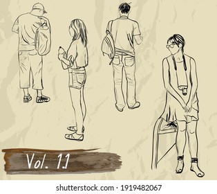 Hand-drawn EPS8 vector illustration. People sketch series. Tourists