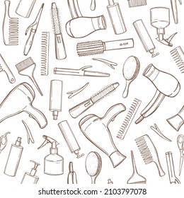 Hand-drawn equipment for styling and hair care. Products and tools for home remedies of hair care. Vector  seamless pattern. 