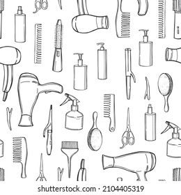 Hand-drawn equipment for styling and hair care. Products and tools for home remedies of hair care. Vector  seamless pattern. 