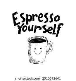 Taza de café "Espresso Yourself" dibujada a mano con cara sonriente.