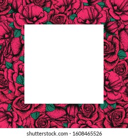Handdrawn etching roses ribbons and flowers for greeting card design. Vector flowers wreath frame