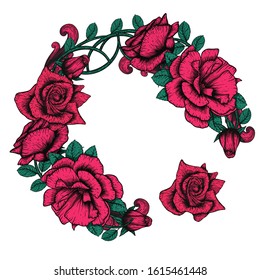 Handdrawn etching roses ribbons and flowers for greeting card design. Vector flowers wreath frame