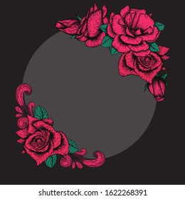 Handdrawn etching roses ribbons and flowers for greeting card design. Vector flowers wreath frame