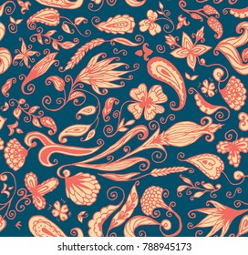 Hand-drawn ethnic floral seamless pattern for textile design, for clothing, background, for postcards or for implementing any other of your ideas