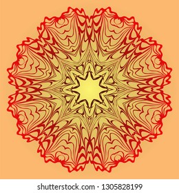 Hand-Drawn Ethnic Mandala. Circle Lace Ornament. Vector Illustration. For Coloring Book, Greeting Card, Invitation, Tattoo. Red, orange sunrise color.