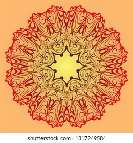 Hand-Drawn Ethnic Mandala. Circle Lace Ornament. Vector Illustration. For Coloring Book, Greeting Card, Invitation, Tattoo. Red, orange sunrise color.