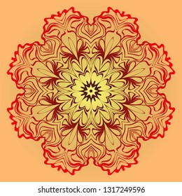 Hand-Drawn Ethnic Mandala. Circle Lace Ornament. Vector Illustration. For Coloring Book, Greeting Card, Invitation, Tattoo. Red, orange sunrise color.