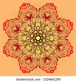 Hand-Drawn Ethnic Mandala. Circle Lace Ornament. Vector Illustration. For Coloring Book, Greeting Card, Invitation, Tattoo. Red, orange sunrise color.