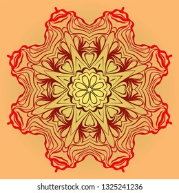 Hand-Drawn Ethnic Mandala. Circle Lace Ornament. Vector Illustration. For Coloring Book, Greeting Card, Invitation, Tattoo. Red, orange sunrise color.