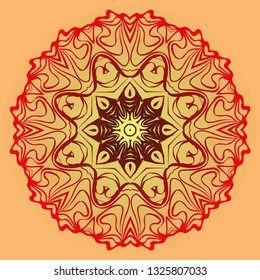Hand-Drawn Ethnic Mandala. Circle Lace Ornament. Vector Illustration. For Coloring Book, Greeting Card, Invitation, Tattoo. Red, orange sunrise color.