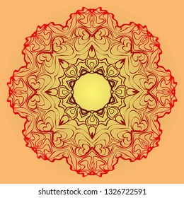 Hand-Drawn Ethnic Mandala. Circle Lace Ornament. Vector Illustration. For Coloring Book, Greeting Card, Invitation, Tattoo. Red, orange sunrise color.