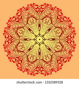 Hand-Drawn Ethnic Mandala. Circle Lace Ornament. Vector Illustration. For Coloring Book, Greeting Card, Invitation, Tattoo. Red, orange sunrise color.