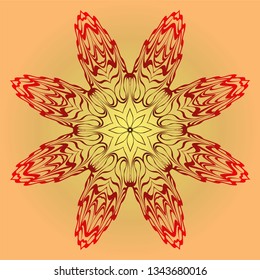 Hand-Drawn Ethnic Mandala. Circle Lace Ornament. Vector Illustration. For Coloring Book, Greeting Card, Invitation, Tattoo. Red, orange sunrise color.