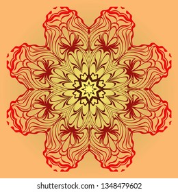 Hand-Drawn Ethnic Mandala. Circle Lace Ornament. Vector Illustration. For Coloring Book, Greeting Card, Invitation, Tattoo. Red, orange sunrise color.