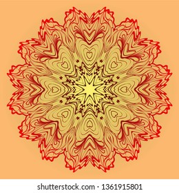 Hand-Drawn Ethnic Mandala. Circle Lace Ornament. Vector Illustration. For Coloring Book, Greeting Card, Invitation, Tattoo. Red, orange sunrise color.