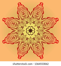 Hand-Drawn Ethnic Mandala. Circle Lace Ornament. Vector Illustration. For Coloring Book, Greeting Card, Invitation, Tattoo. Red, orange sunrise color.