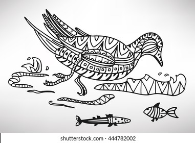  Hand-drawn with ethnic pattern. Coloring page - isolated on a white background. Zendoodle patterns. Vector illustration.