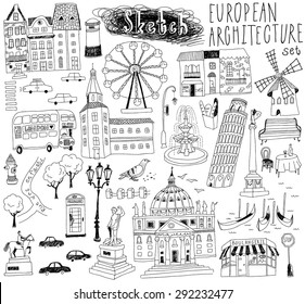 hand-drawn European architecture set