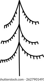 A hand-drawn evergreen tree features a tall trunk and layered branches with short, textured needles.  A conifer is depicted using bold lines and a minimalist style. Cartoon vector illustration