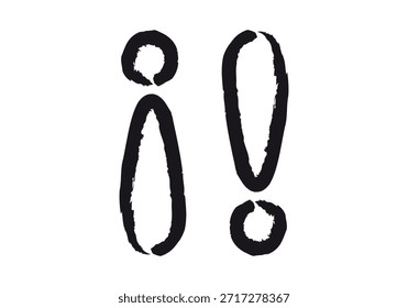 Pontos de exclamação desenhados à mão com traçados de pincel preto em um plano de fundo branco