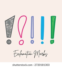 Signos de exclamación dibujados a mano en diferentes colores y estilos. Ilustración de doodle creativo que expresa emoción, énfasis y emoción. Perfecto para la educación, presentaciones, carteles y proyectos de Diseño gráfico.