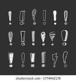 Marcas de exclamación dibujadas a mano. Girar y en forma luminosa los símbolos de la idea blanco la atención informativa sobre el fondo negro hizo diferentes líneas geométricas. Silueta gráfica vectorial.