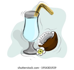 Handgezeichneter exotischer Cocktail mit Kokosnuss.  Vektorgrafik von tropischen Lebensmitteln. 