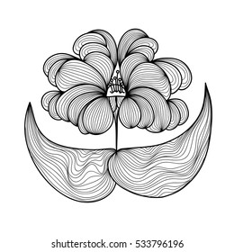 Hand-drawn exotic flower in doodle art style. Black and white decoration for cards, wedding invitations, tickets, congratulations, branding, label, poster, banner. Template for coloring books. Vector