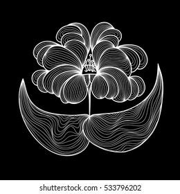 Hand-drawn exotic flower in doodle art style. Black and white decoration for cards, wedding invitations, tickets, congratulations, branding, label, poster, banner. Template for coloring books. Vector