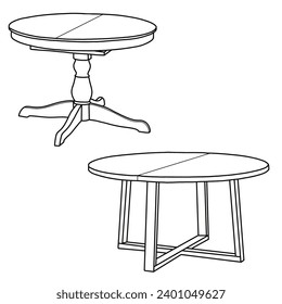 Hand-drawn extendable round table, dining table isolated on a white background.