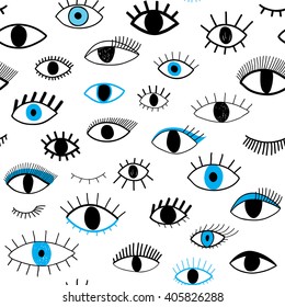 hand-drawn eye doodles seamless pattern