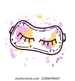 Hand-drawn eye mask for sleeping, beauty cosmetic element, self care, wellness. Doodle sketch style on a watercolor pastel background with splashes of paint. 